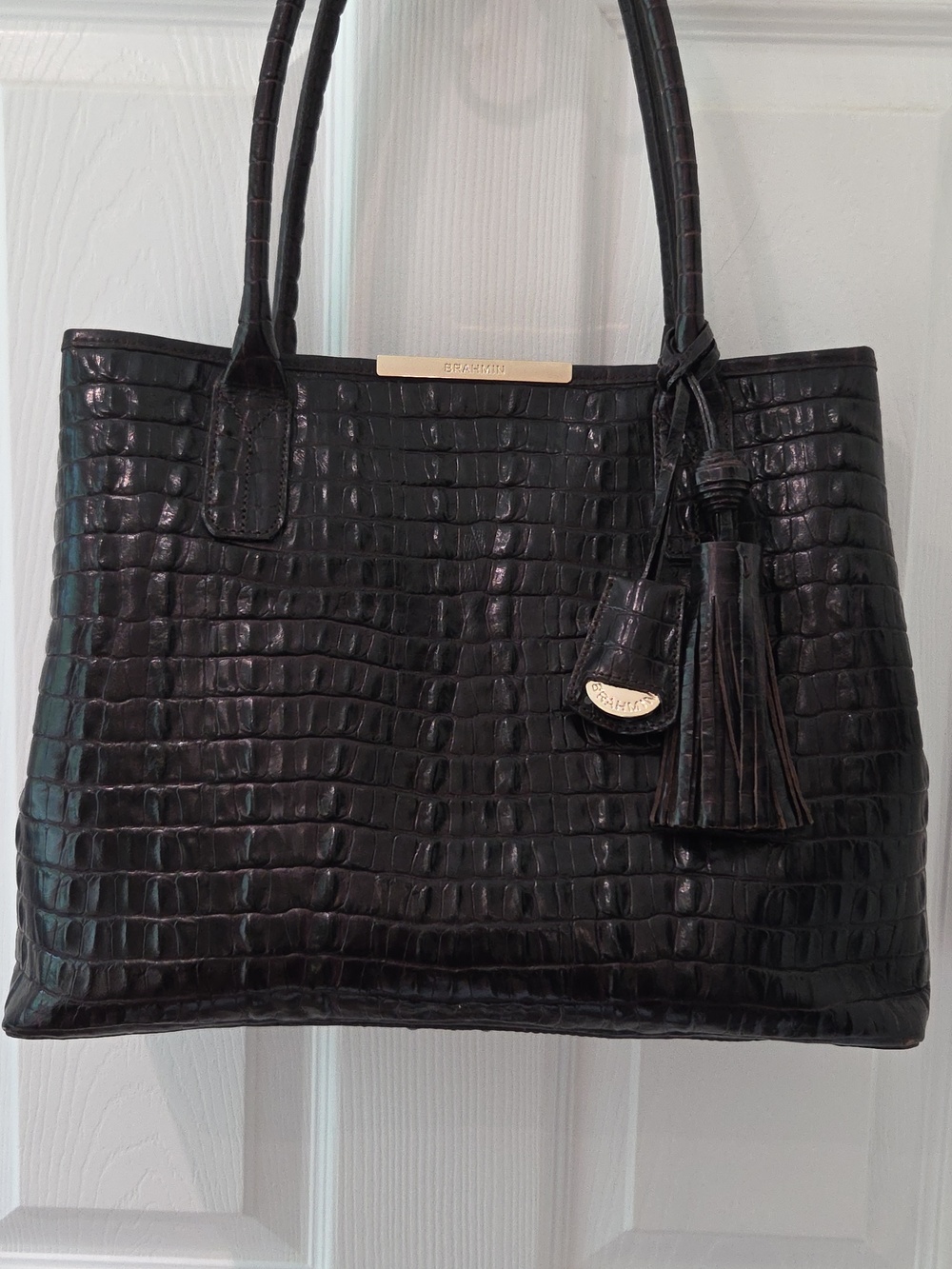 Brahmin ANYTIME Espresso Croc-Embossed  Leather Tote with Tassel Charm